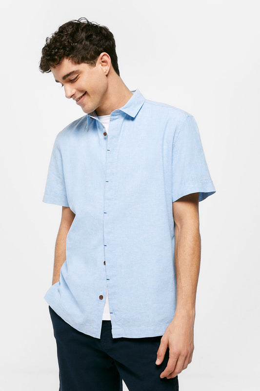 Linen Short Sleeve Shirt (Custom Fit) - Blue