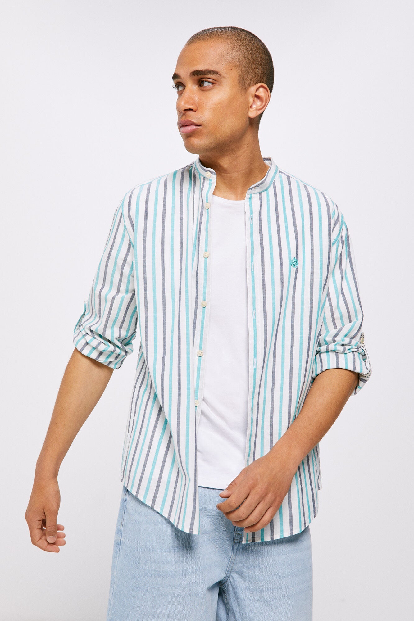 Lightweight mandarin collar shirt (Custom Fit) - Turquoise