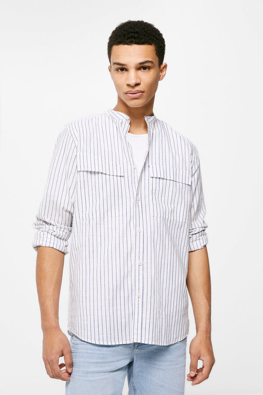 Mandarin Collar Striped Shirt (Custom Fit) - Blue