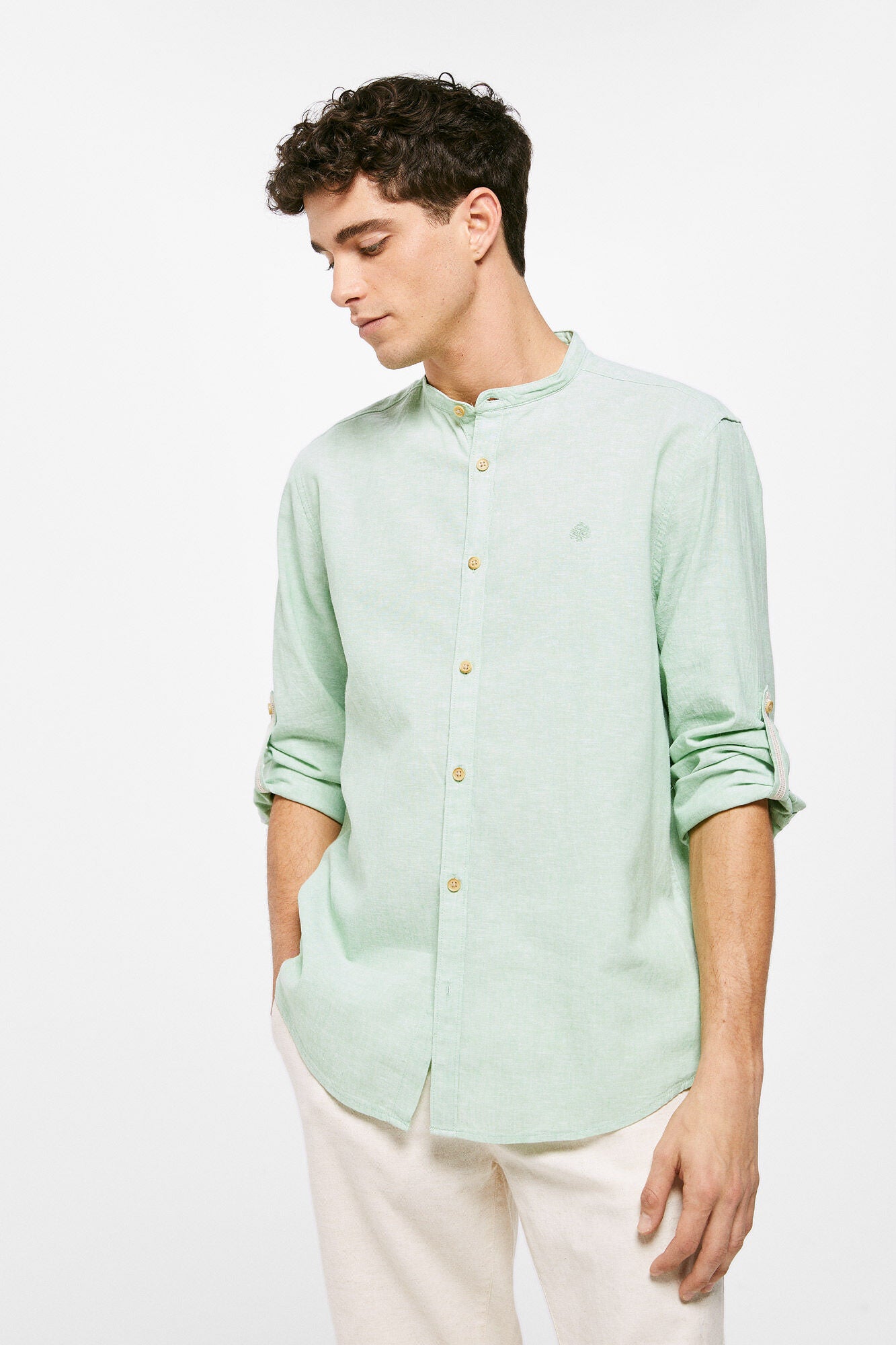 Linen mandarin collar shirt (Regular Fit) - Green