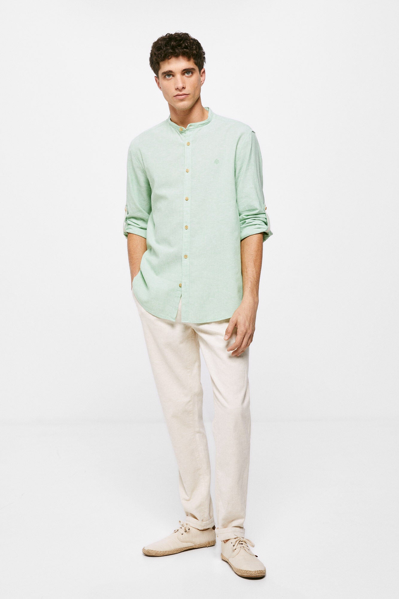 Linen mandarin collar shirt (Regular Fit) - Green