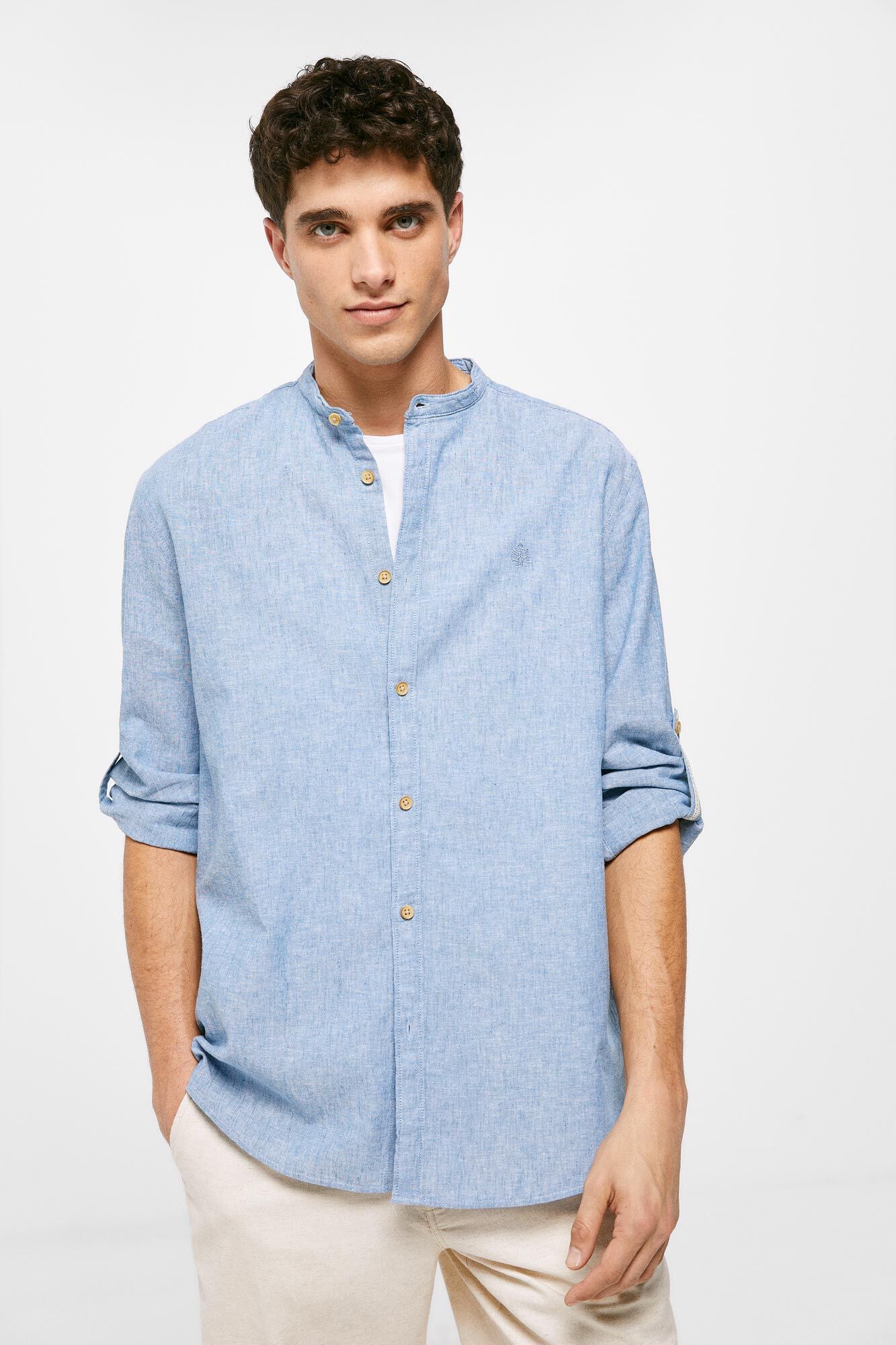 Linen mandarin collar shirt (Regular Fit) - Blue