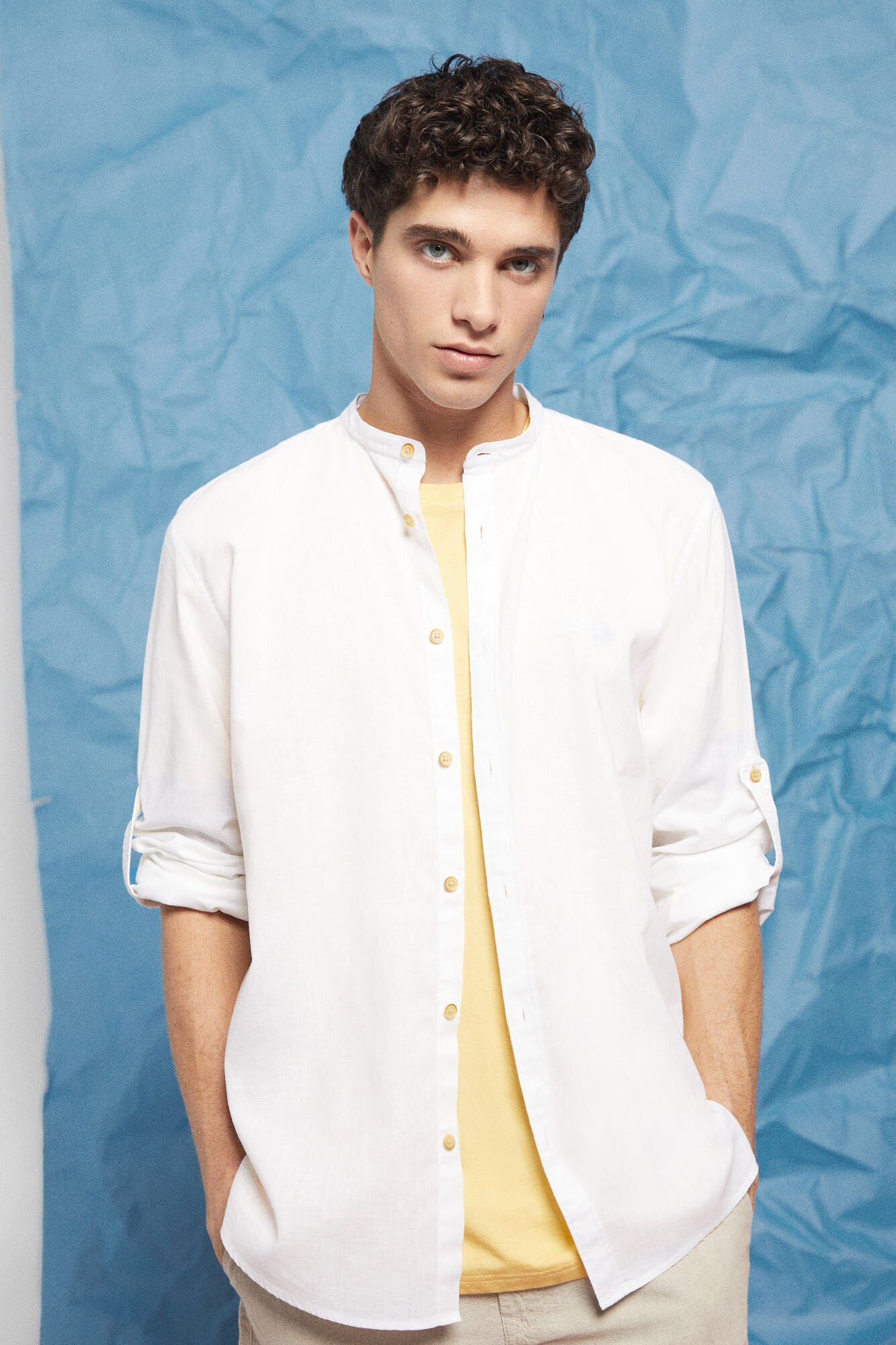 Linen mandarin collar shirt (Regular Fit) - White