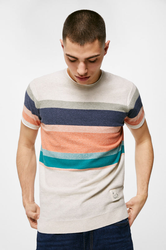 Multi-stripe twisted yarn jersey-knit T-shirt - Grey