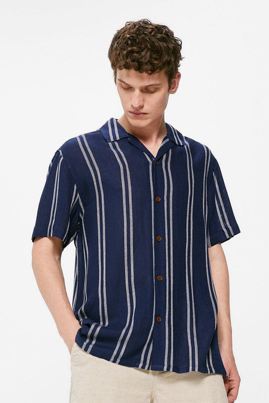 Lightweight Striped Short Sleeve Shirt (Regular Fit) - Blue