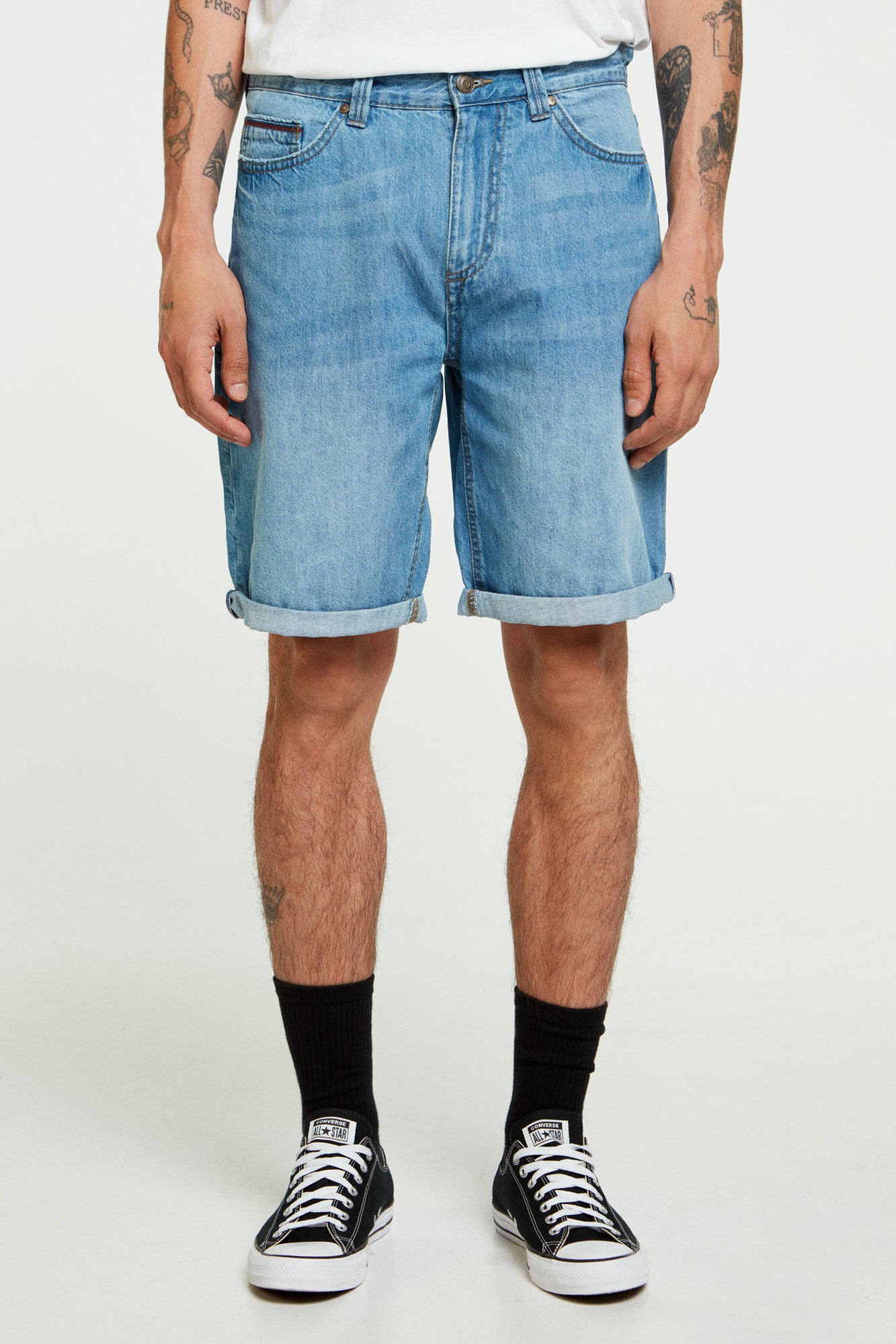 Medium wash lightweight regular fit denim Bermuda shorts