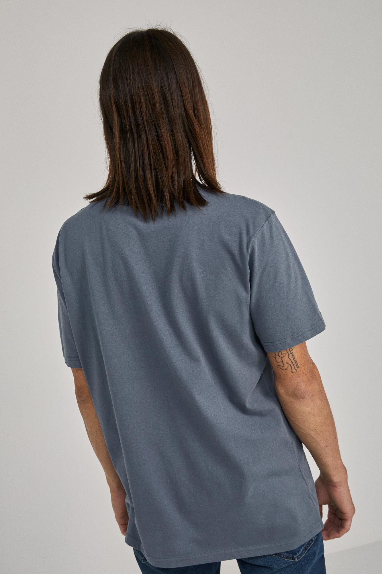 Ash Blue Plain Pocket Round Neck T-shirt