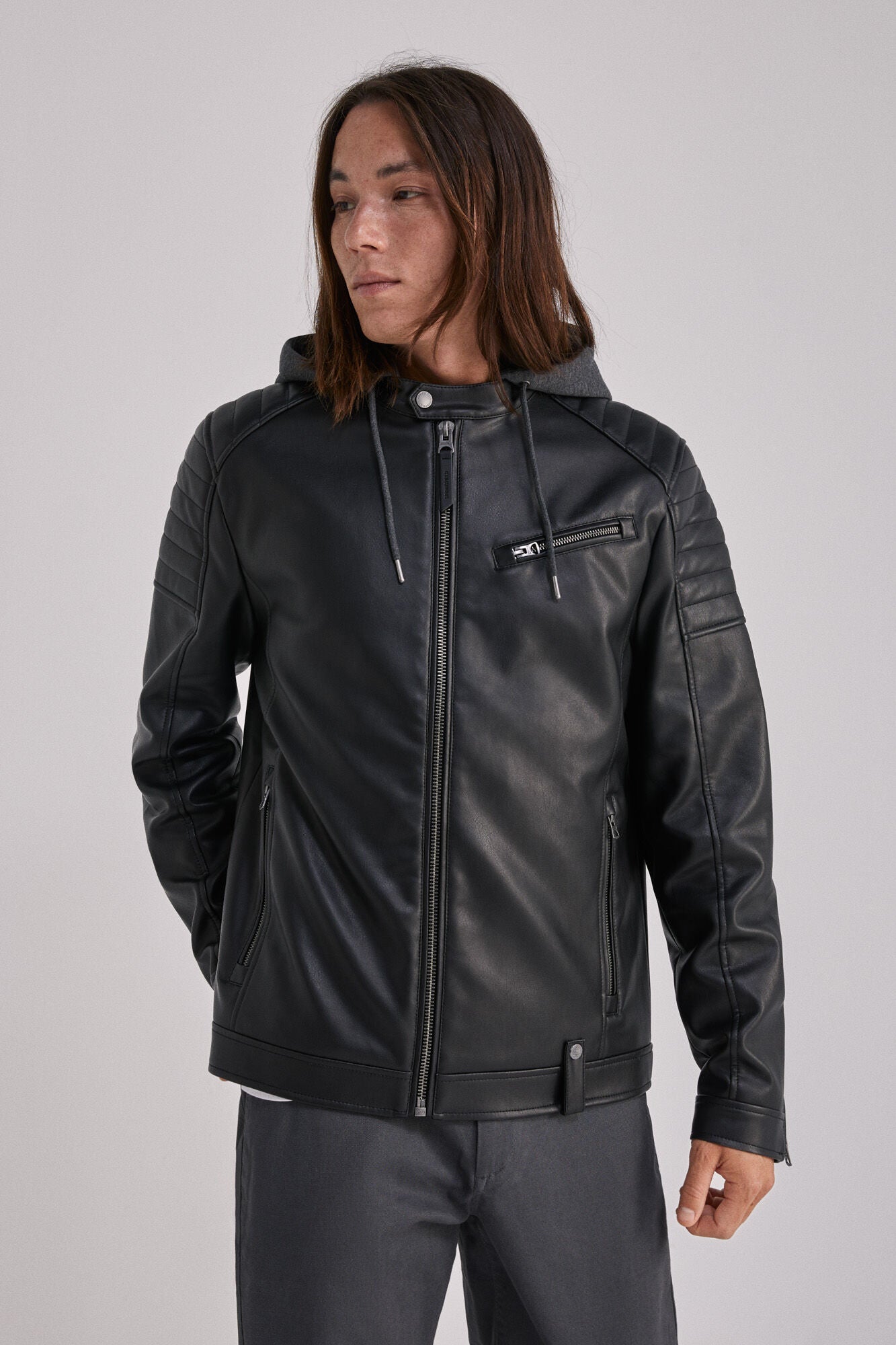 Faux leather biker jacket with hood