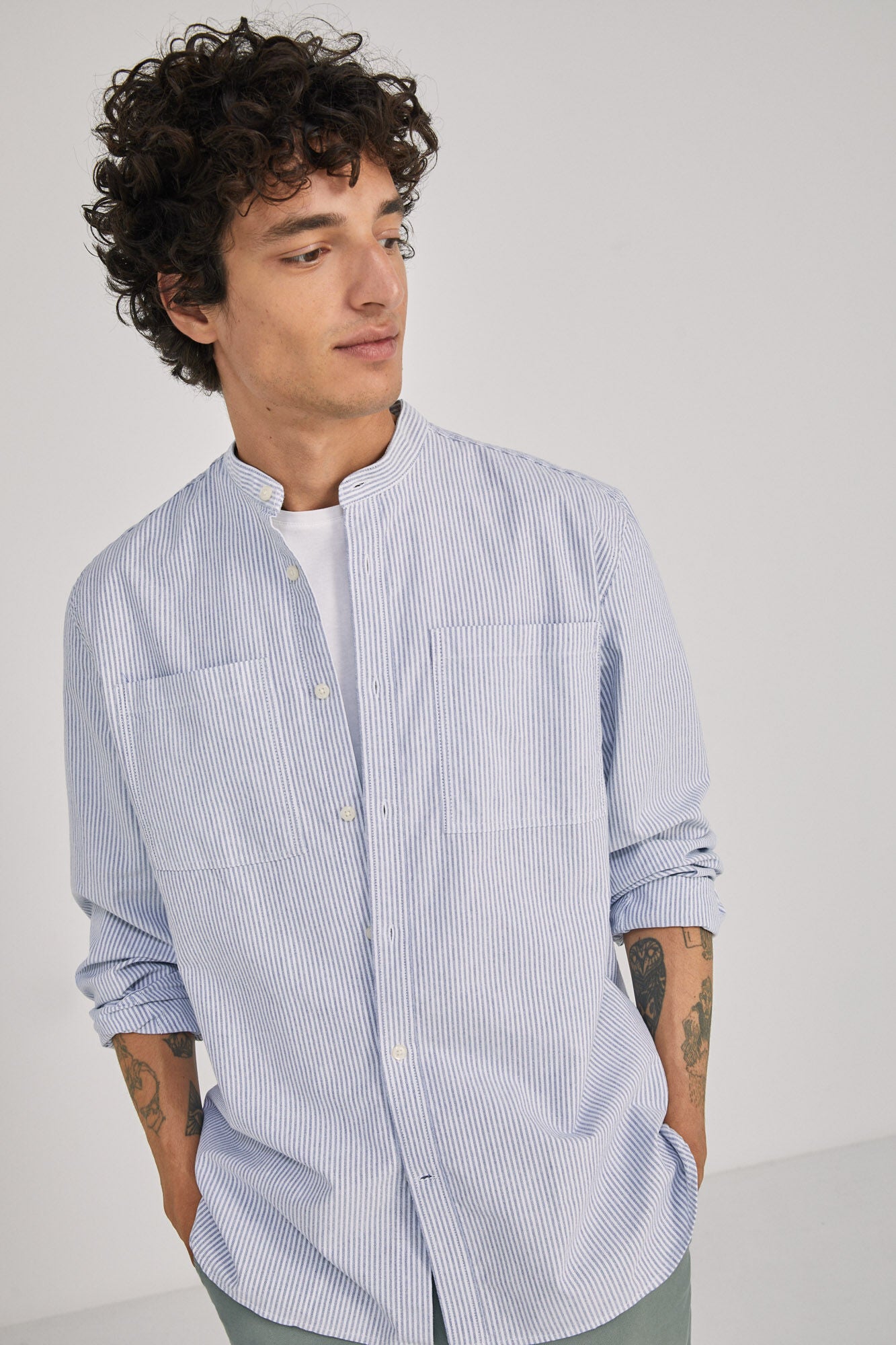 Casual Striped Mandarin Collar Shirt (Regular Fit) - Blue