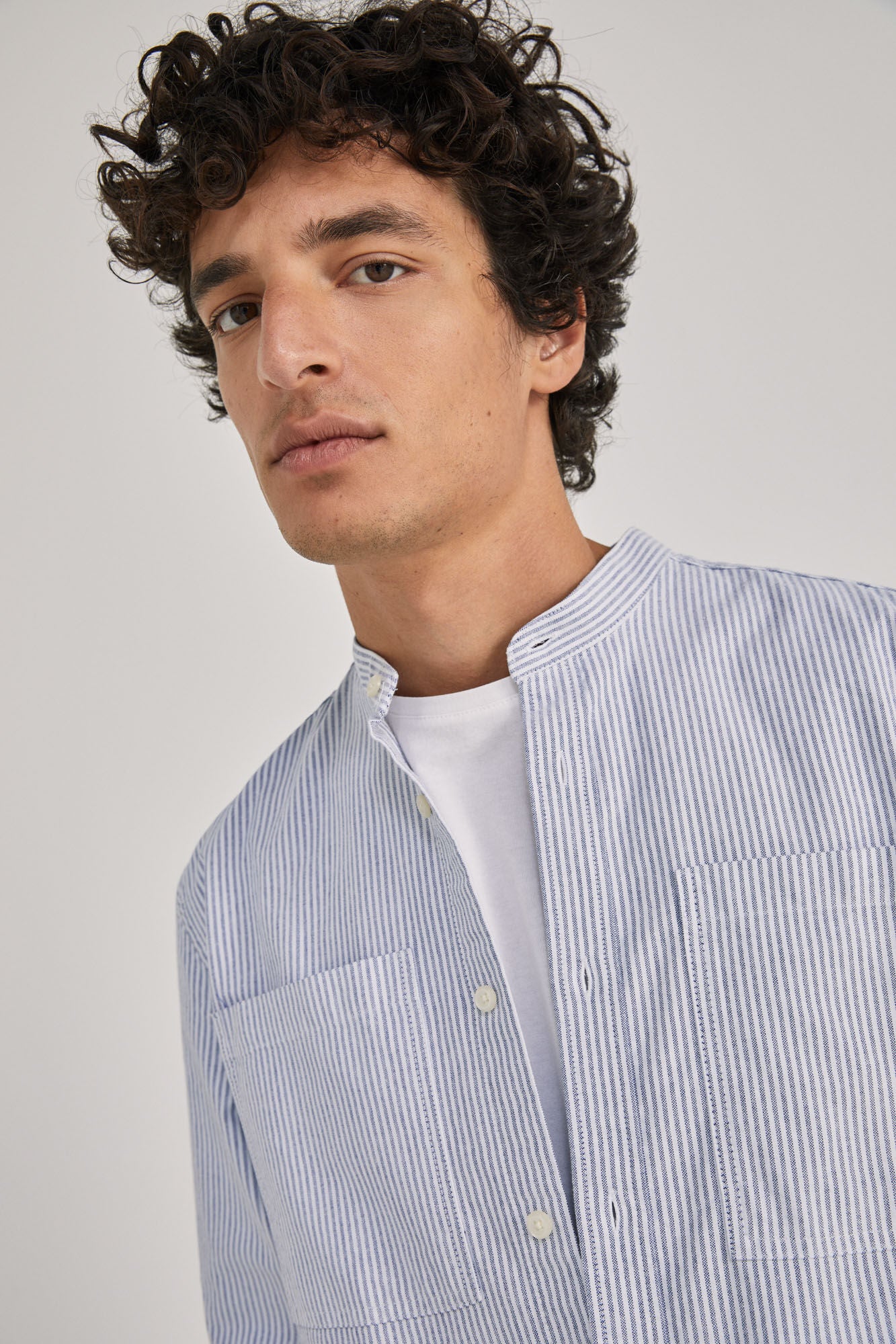 Casual Striped Mandarin Collar Shirt (Regular Fit) - Blue