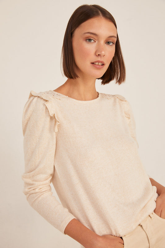 T-shirt with Crochet Shoulder Ruffles