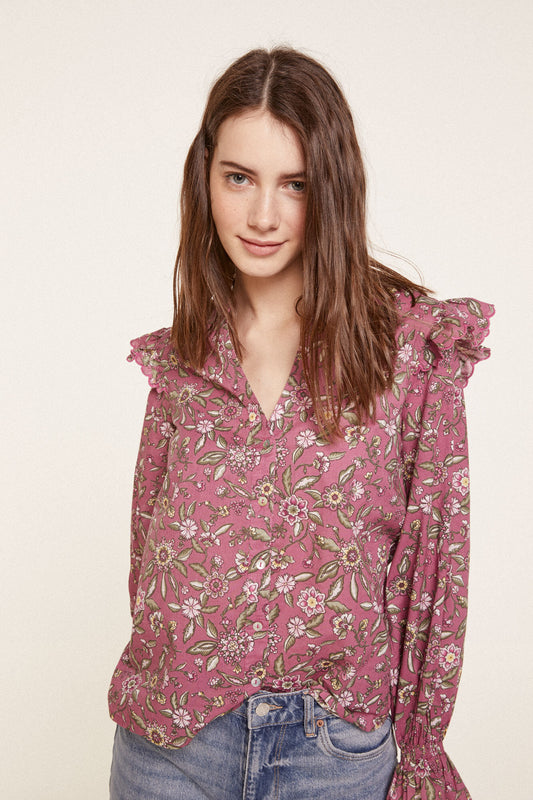 Peony Print Blouse with Ruffles