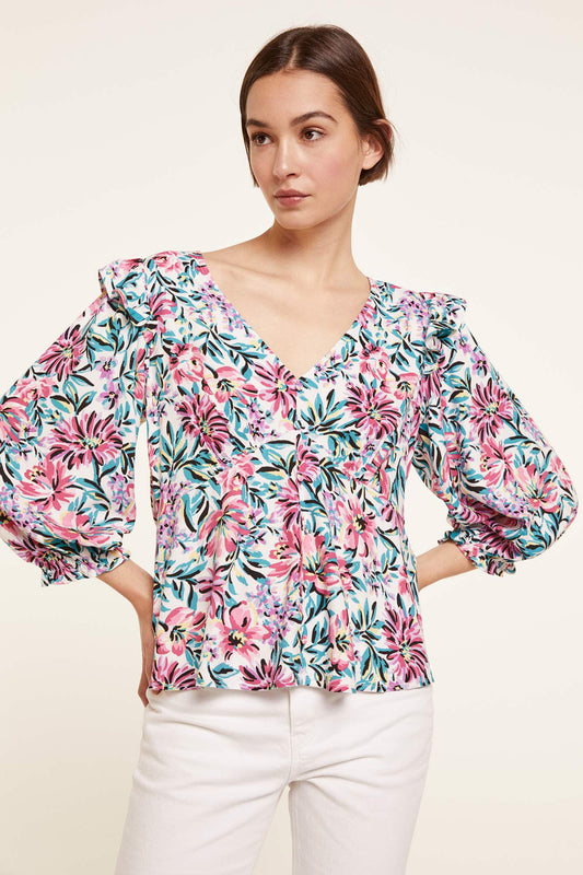 Printed Flounced Shoulders Blouse