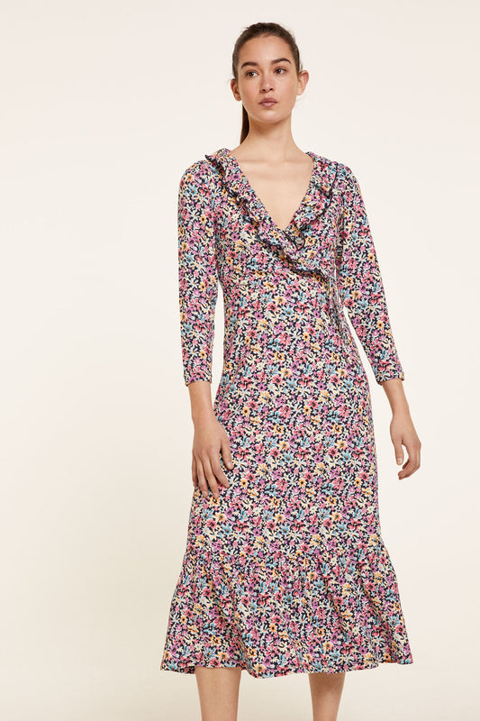 Printed Flounced Midi Dress