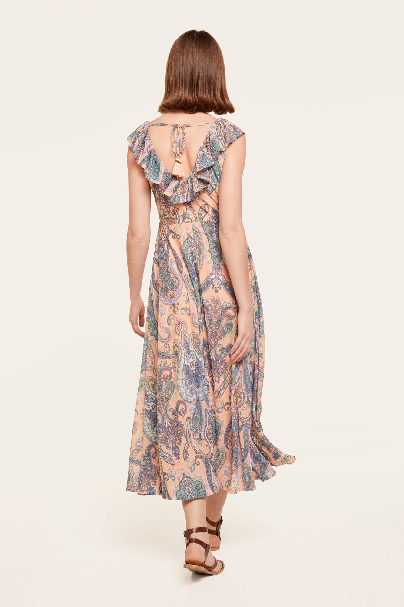 Printed Flounced Neckline Midi Dress