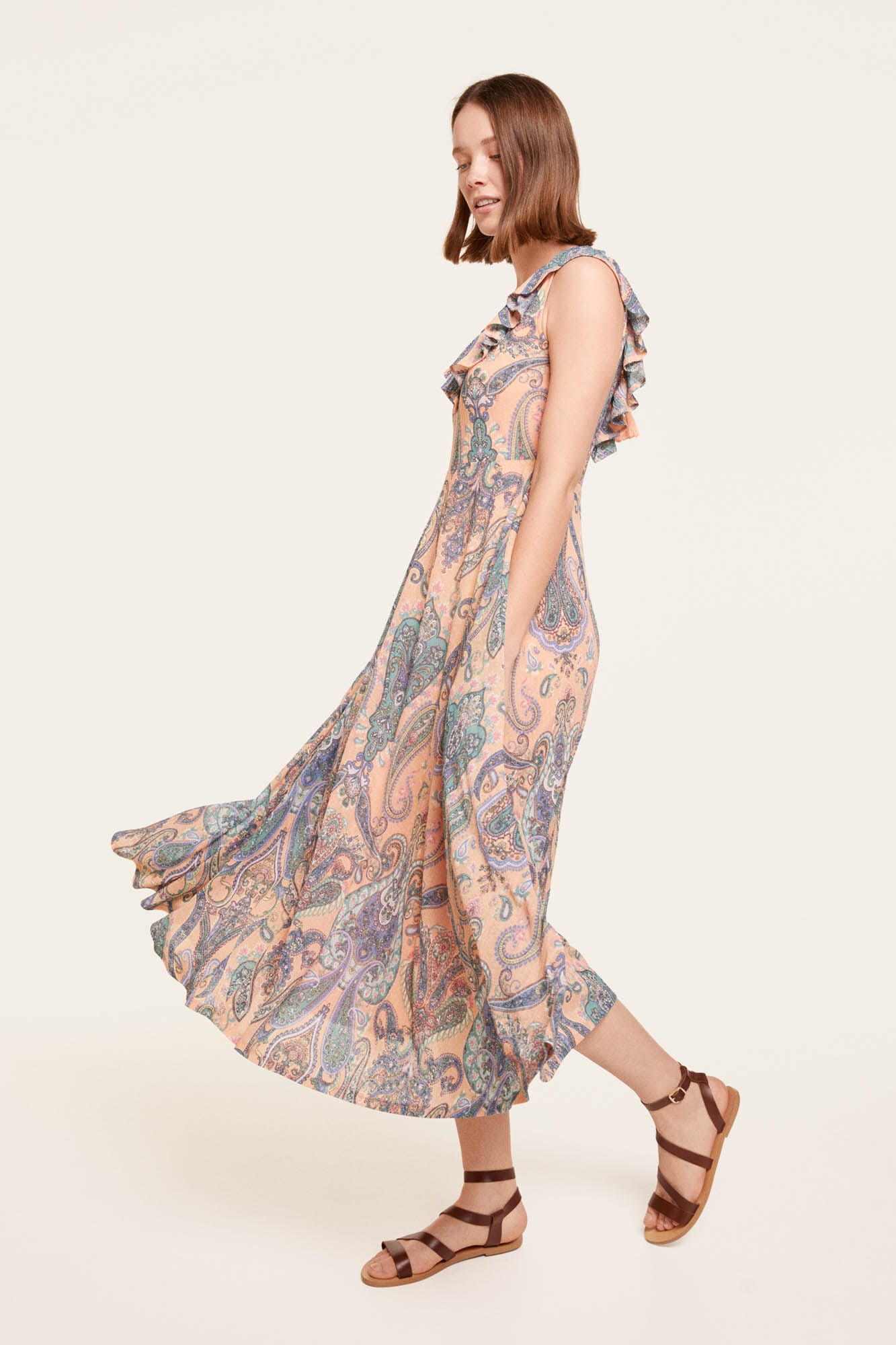 Printed Flounced Neckline Midi Dress