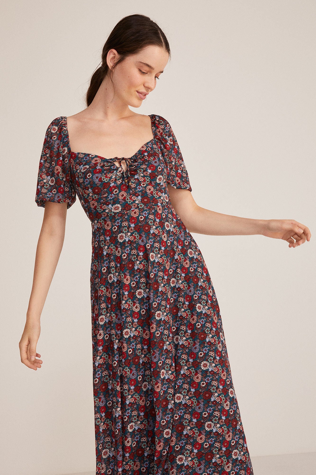 Printed midi dress with ruched neckline