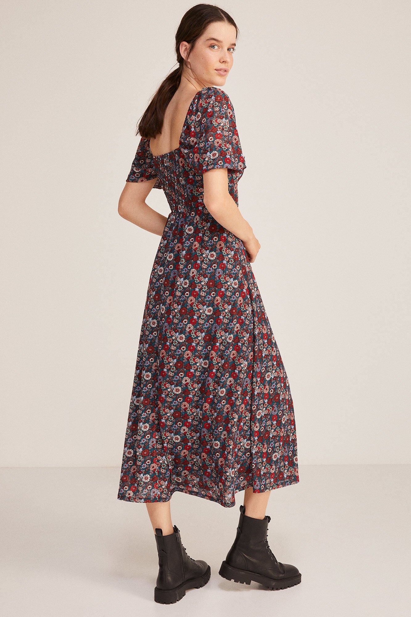 Printed midi dress with ruched neckline